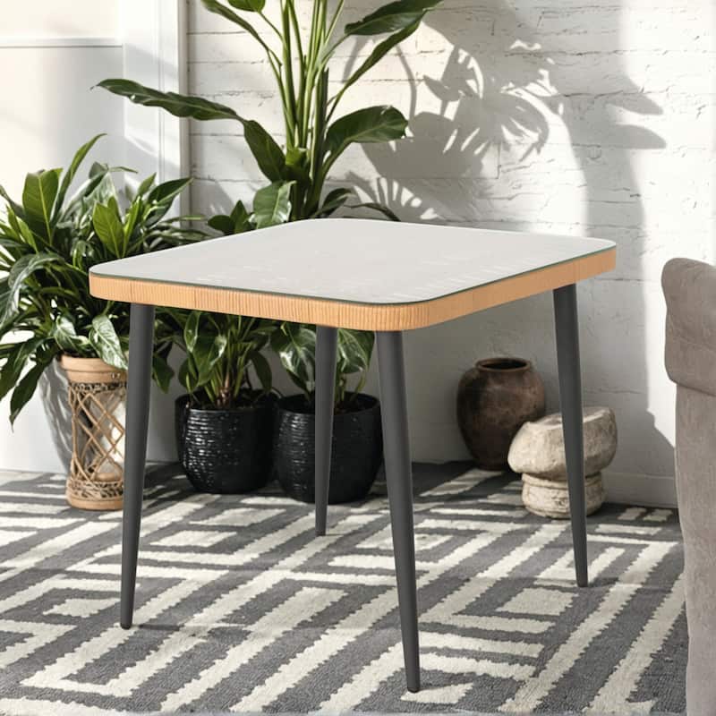 5 Piece Outdoor Dining Set, Glass Table with Woven Chairs for Patio, Balcony & Garden - 24.01"L x 20.87"W x 28.74"H