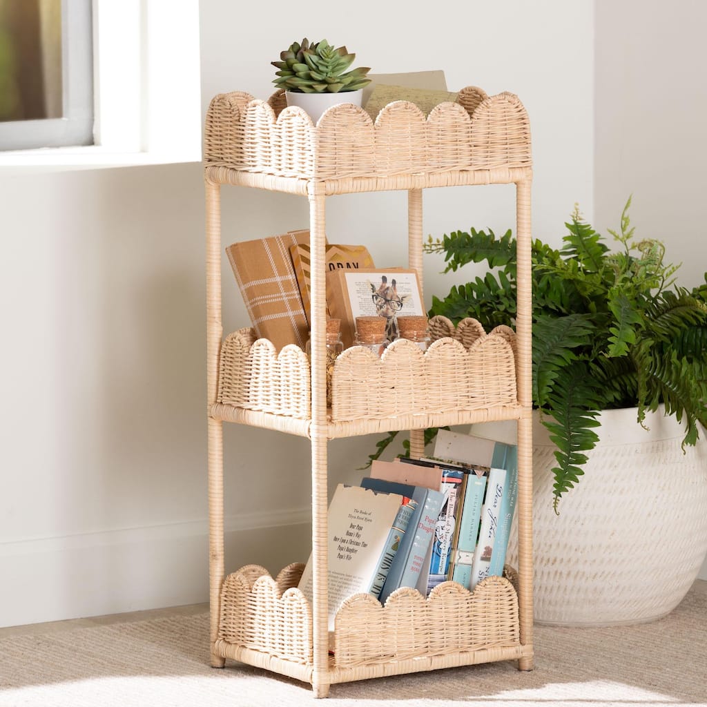 Brooks Natural Rattan 3-Tier Storage Shelf - Handwoven Wicker Display Stand with Scalloped Borders, Coastal Boho Style