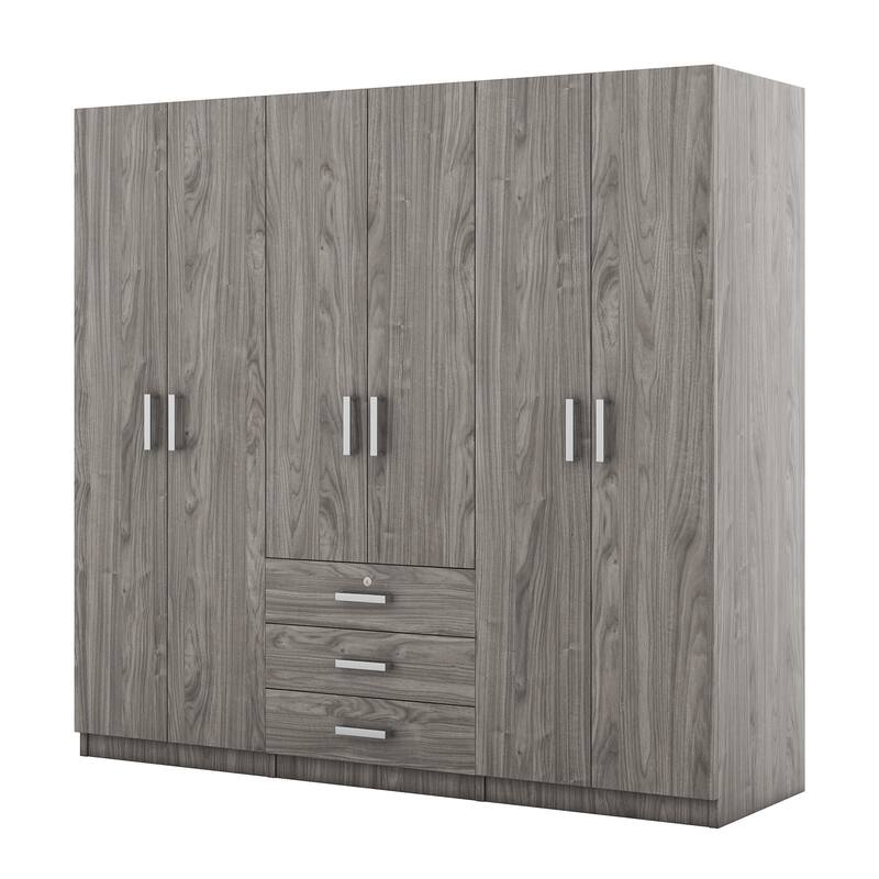 GDFStudio - Caldra 6-Door Wooden Wardrobe with Large Drawers and Contemporary Storage Design - 6-Doors Wooden Wardrobe Storage