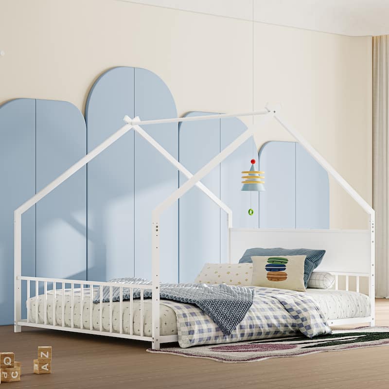 Full Size Canopy House Bed with LED Lights, Sturdy Metal Frame & Slats for Kids & Teens, No Box Spring Needed (White)