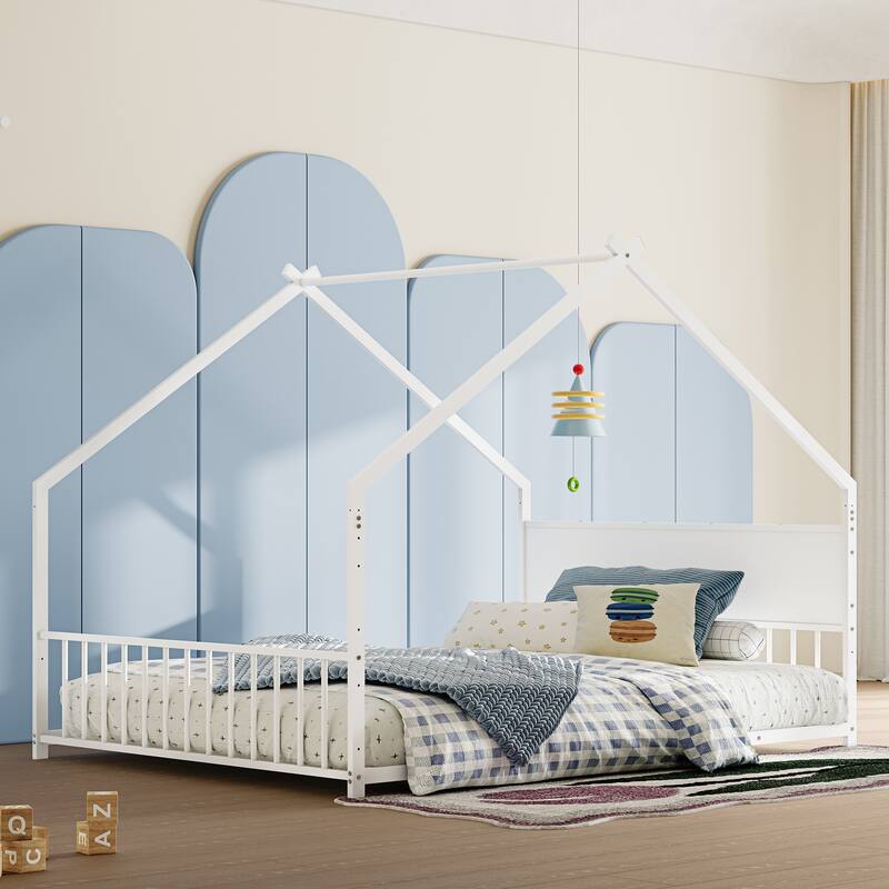 House Bed with Roof and Colorful Lights, House-shaped Frame Floor Bed with House Roof Frame, Metal Bed Frame with Slats and Legs
