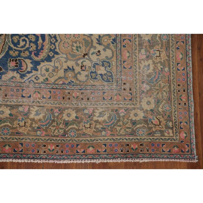 Vintage Distressed Mashad Persian Area Rug Hand-knotted Wool Carpet - 7'11" x 11'1"