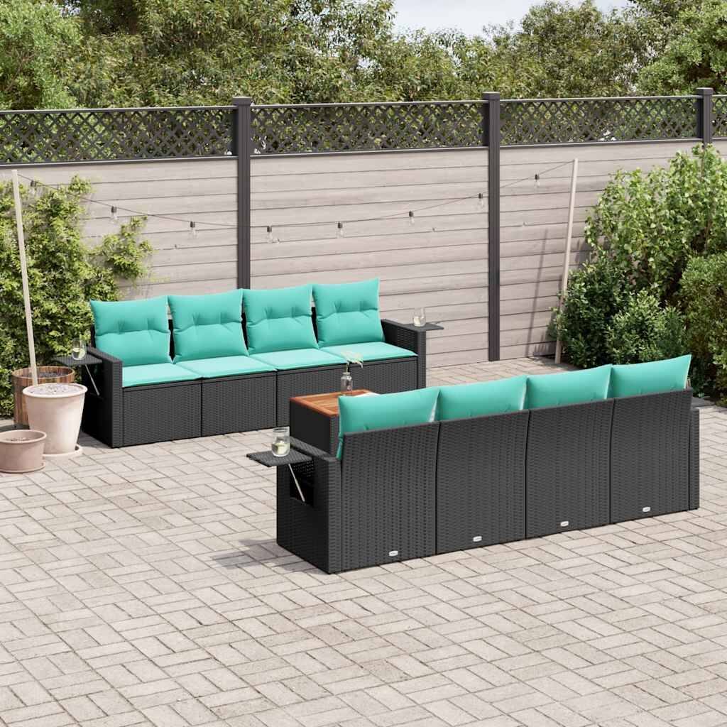 vidaXL 9 Piece Patio Sofa Set with Cushions Black Poly Rattan - 21.7" x 24.4" x 27.2"