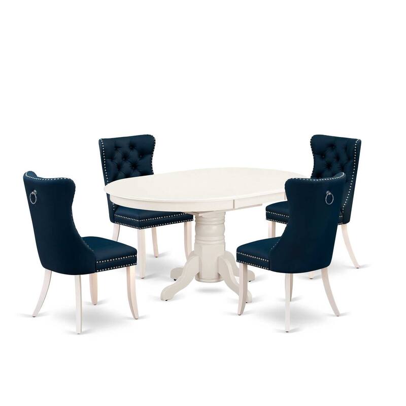 Oval Dining Set - 5 Piece Kitchen Table with 4 Chairs - Linen White & Navy Blue