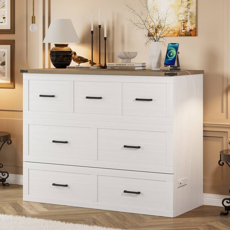 Queen/Full Size Murphy Cabinet Bed - Foldable Platform Bed with Charging Station & Large Storage Drawer