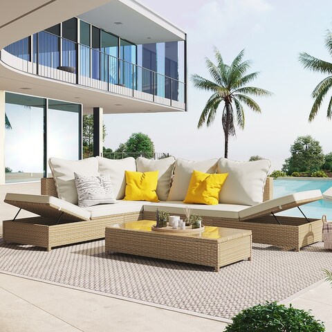 3-Piece Rattan Sofa Set, Sectional Set with Adjustable Chaise Lounge