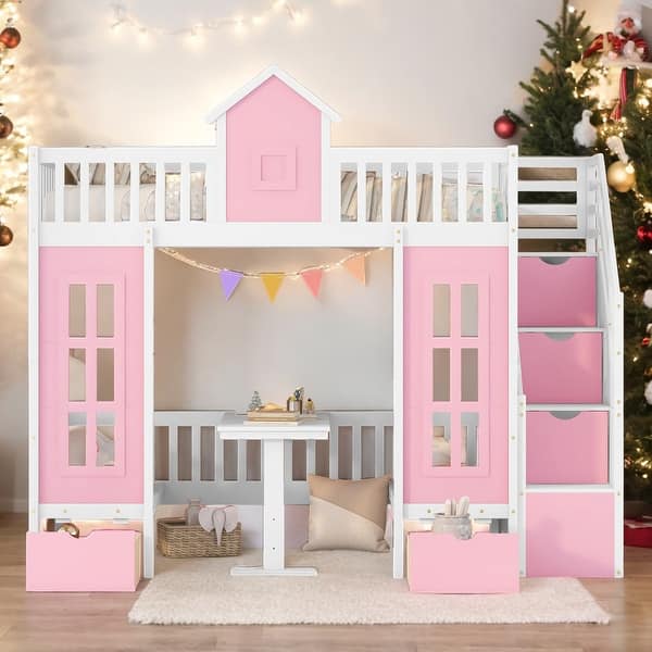 slide 2 of 10, Twin over Twin Bunk Bed Turn into Upper Bed and Down Desk, Pink Pink