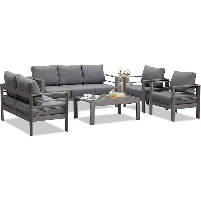 5 Pieces Outdoor All-Weather Conversation Set, Sectional Sofa, Aluminum Couch - Dark Gray Cushions