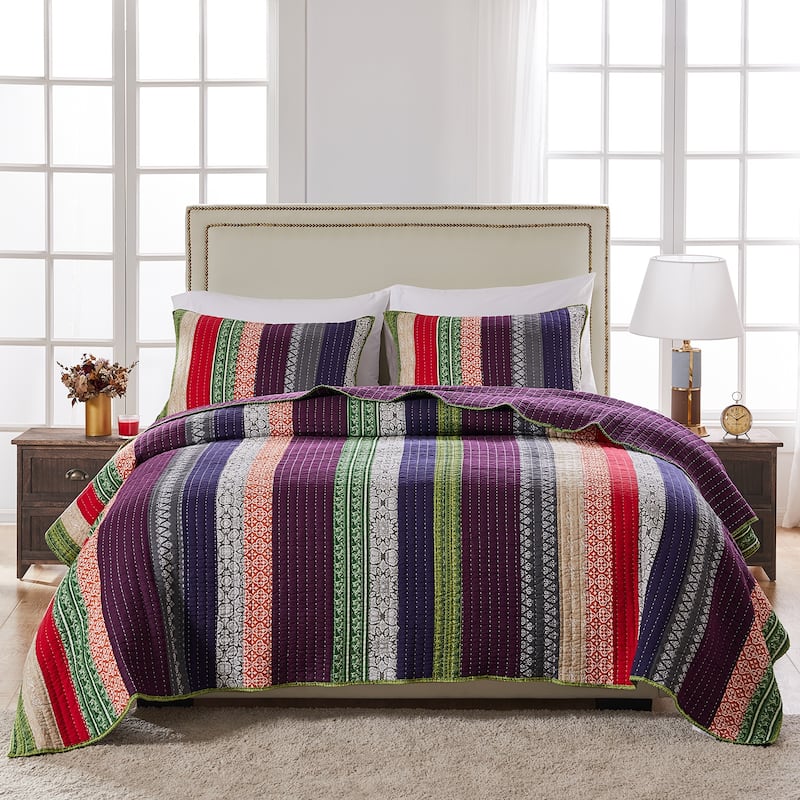 Greenland Home Fashions Marley 100% Cotton Mult-Fabric Stripe Bohemian Quilt Set
