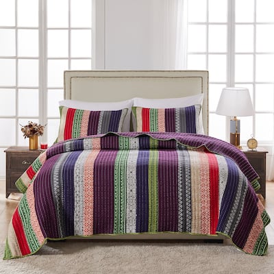 Greenland Home Fashions Marley 100% Cotton Mult-Fabric Stripe Bohemian Quilt Set