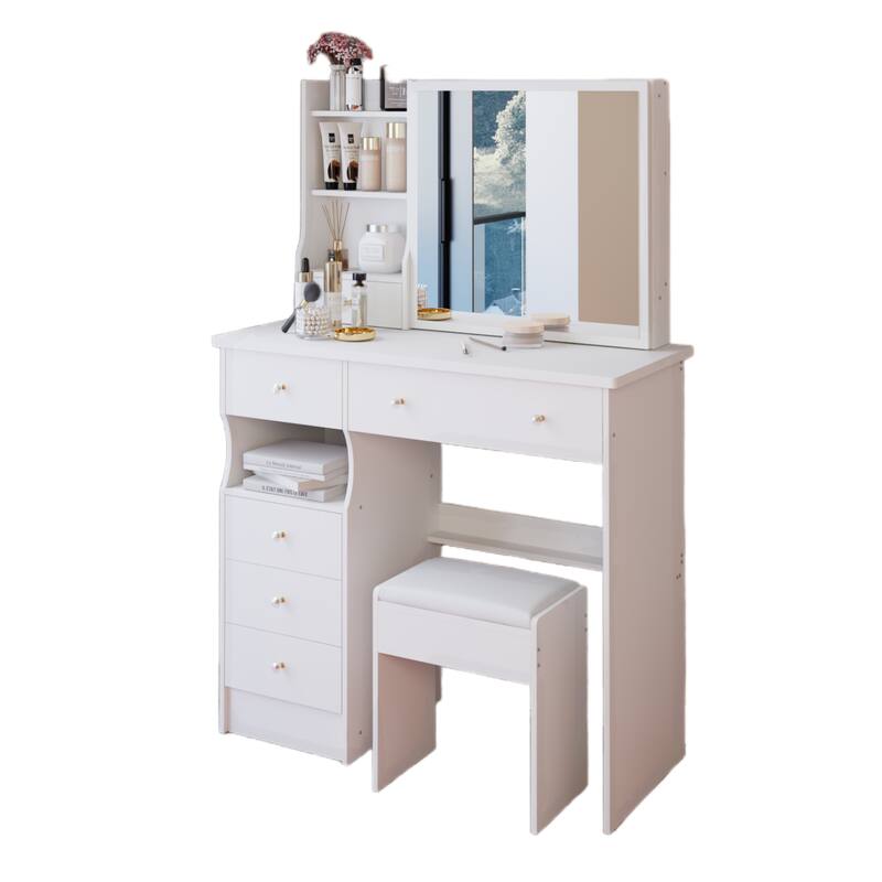 37" Bedroom Vanity Set with Sliding Mirror & Cushioned Stool