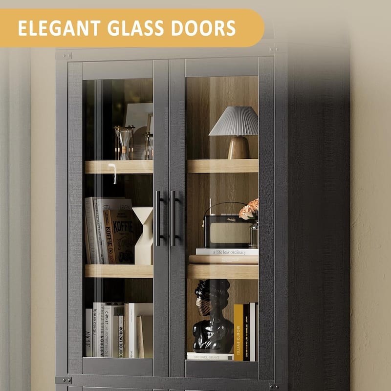 Arched 6-Shelf Bookcase, Display Cabinet with Glass Doors - N/A