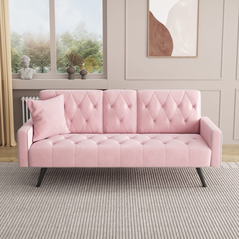 Pink Velvet Loveseat Couch Tufted Design Sleeper Sofa Bed with Folding Table and 2 Cup Holders, Armrest with Nail Head Trim