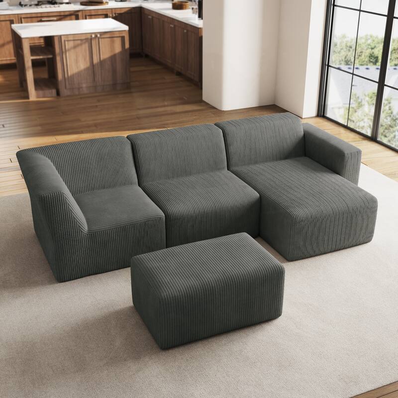 114" W Fully Sponge Molded Modular Sectional Sofa Chaise with Ottoman