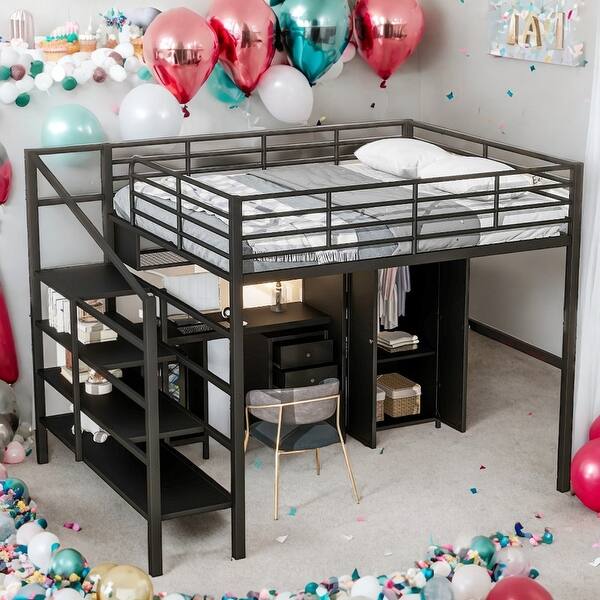 slide 2 of 17, Full Size Metal Loft Bed With Table Set and Wardrobe Black