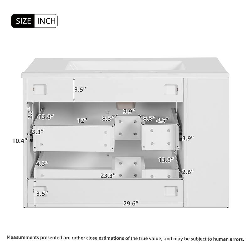 30" Wall Mounted Bathroom Vanity,Floating Bathroom Storage Cabinet with 2 Drawers,3 Holes Single Ceramic Sink,Modern Cabinet
