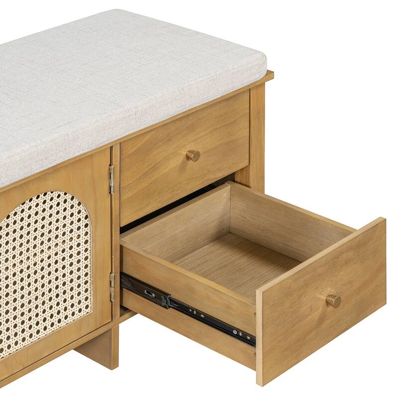 Storage Bench with Cushion,2 Drawers and Rattan Doors for Entryway