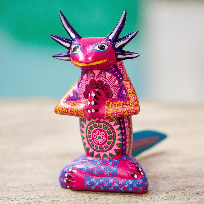 Novica Handmade Lotus Axolotl Wood Alebrije Figurine