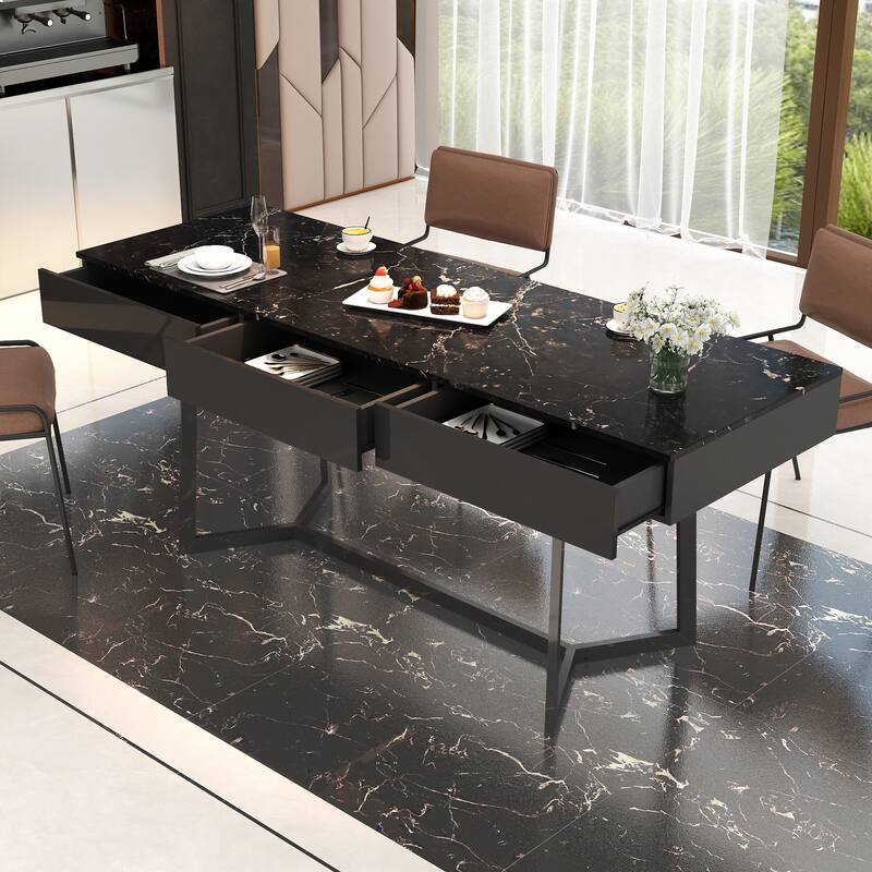 Roomfitters Modern Black Computer Desk with Drawers, 70.87" Writing Table with Y-Shaped Metal Legs