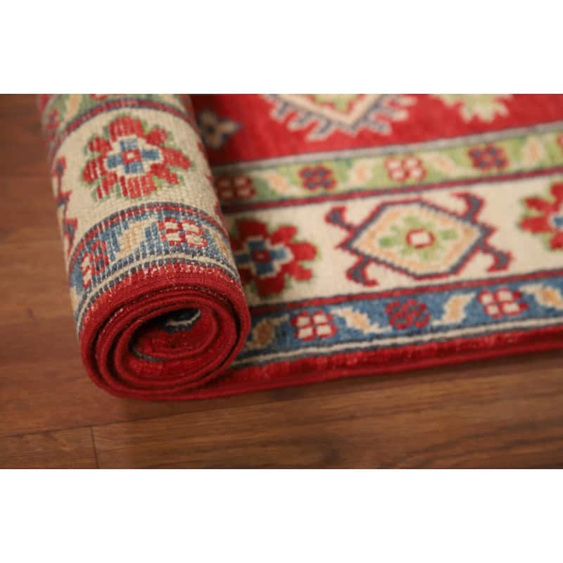 Red Geometric Kazak Foyer Rug Handmade Wool Carpet - 2'7"x 4'0"