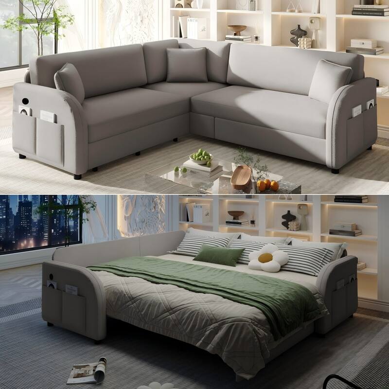 85.1" Teddy Upholstered Sofa with Pull-Out Bed and USB Port - Light Grey