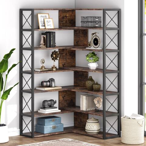 6-Shelf Corner Bookcase, Vintage Industrial Corner Bookshelf Etagere Bookcase
