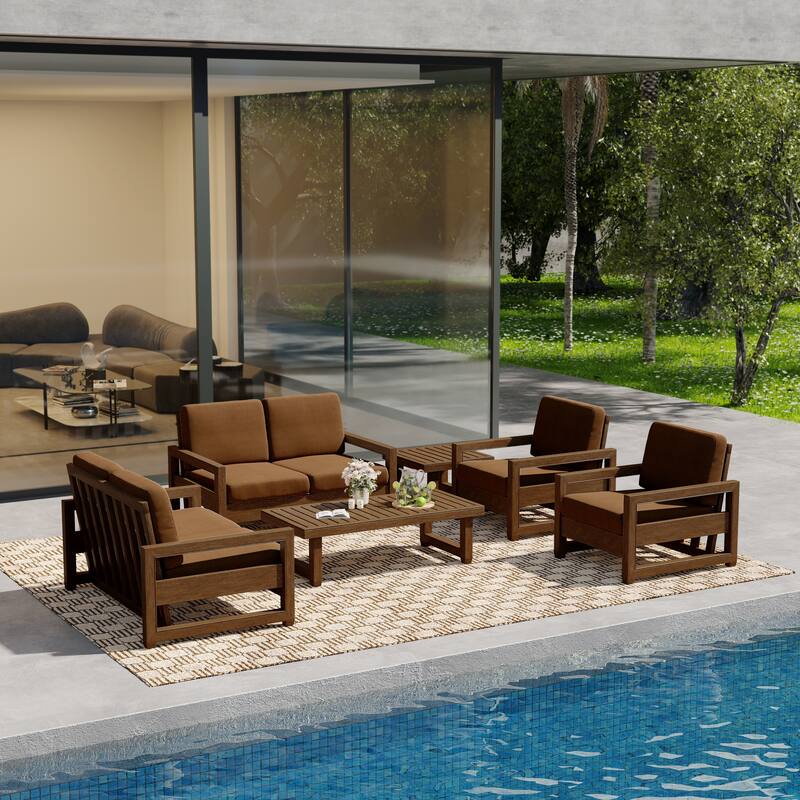 Oversize Teak Wood Loveseat Armchair Outdoor Patio Conversation Set with Cushion - Natural Wood - Light Brown