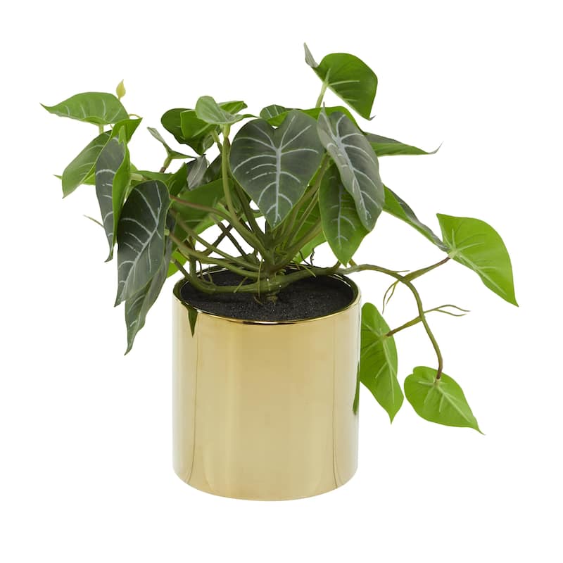Green Faux Foliage Pothos Artificial Plant with Realistic Leaves and Gold Porcelain Pot