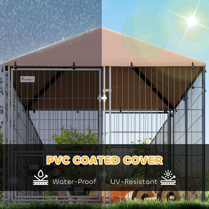 PawHut Dog Kennel Outside, Large Outdoor Dog Kennel Run with Rotating & Adjustable Height Bowls