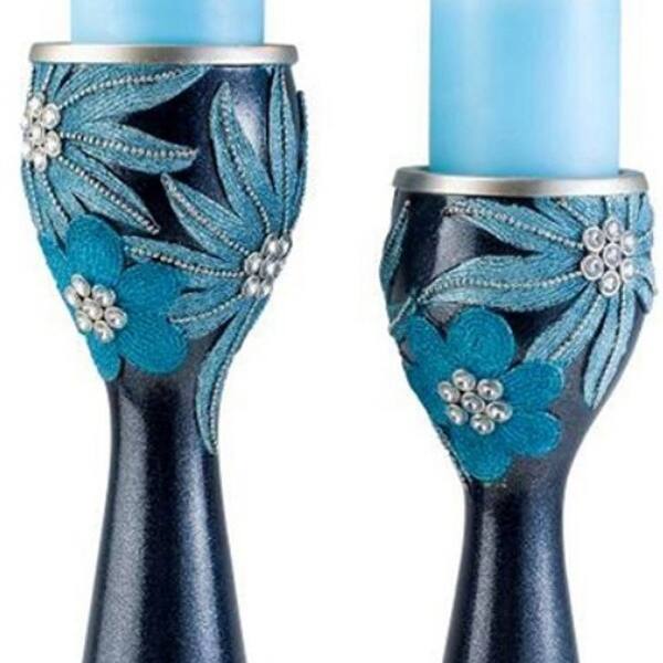 Set Of Two Navy and Aqua Floral Bling Candle Holders with Candles Set Of Two Navy and Aqua Floral Bling Candle Holders with Candles