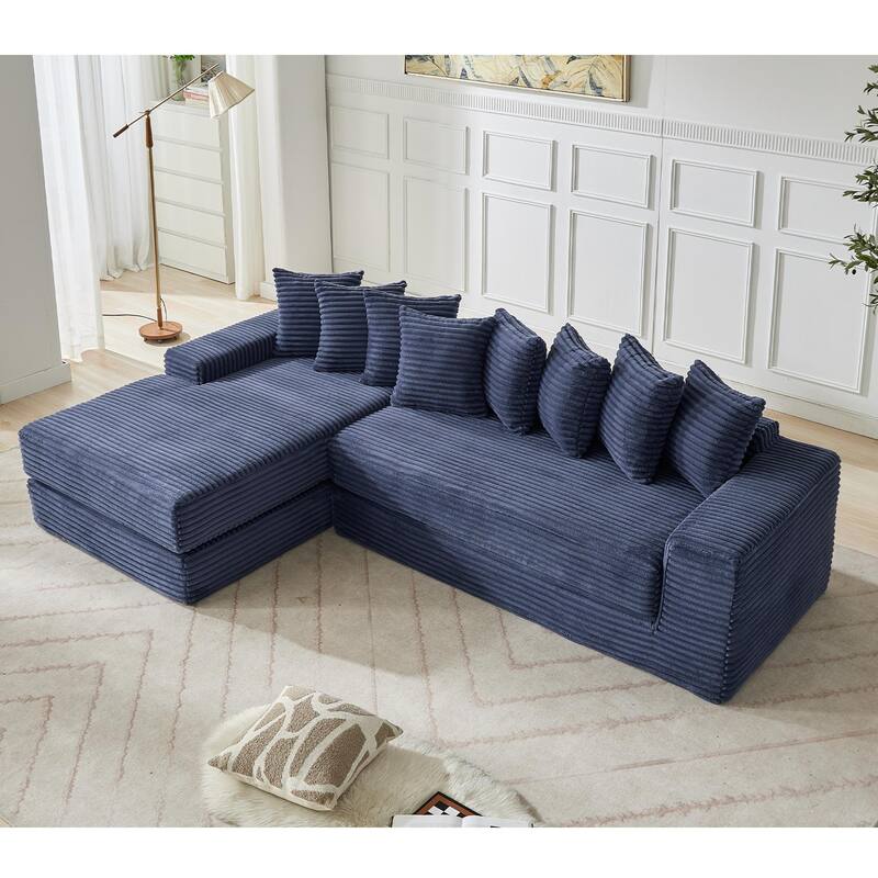 Floor Sleeper Sofa Bed Convertible L-shaped Modular Sectional Couch with Chaise, Corduroy Compression Sofa with Side Pockets