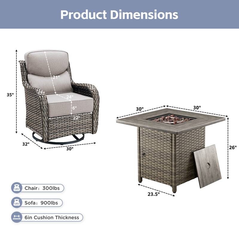 Arcadia 5-Piece Patio Conversation Set with 4 Swivel Glider Chairs and Wicker Square Fire Pit