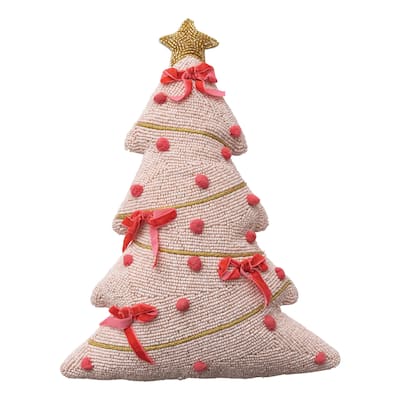 Beaded Tree Shaped Pillow with Hand-Embroidery, Pom Poms, Appliqued Velvet Bows and Velvet Back