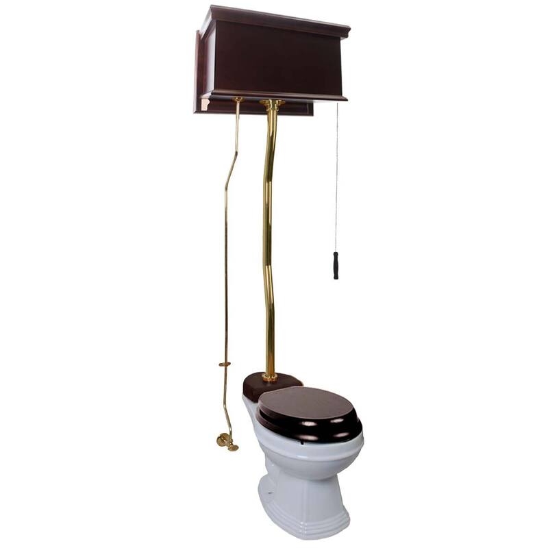 Dark Oak Wooden High Tank Toilet Tank, Elongated White Bowl and Brass Z Pipes