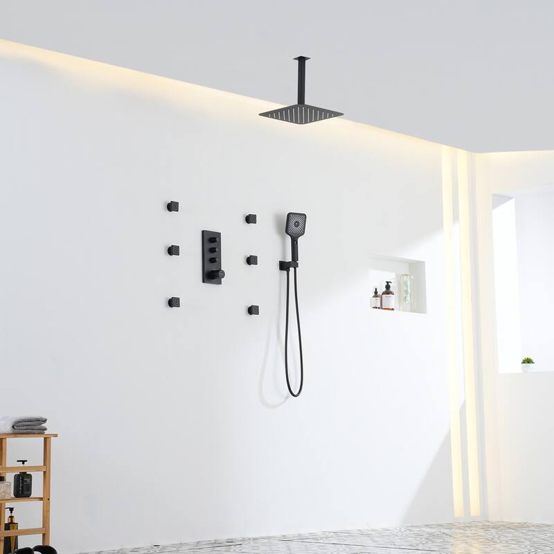 3 Functions 12 Inch Ceiling Mounted Thermostatic Shower System in Matte Black with square shower head