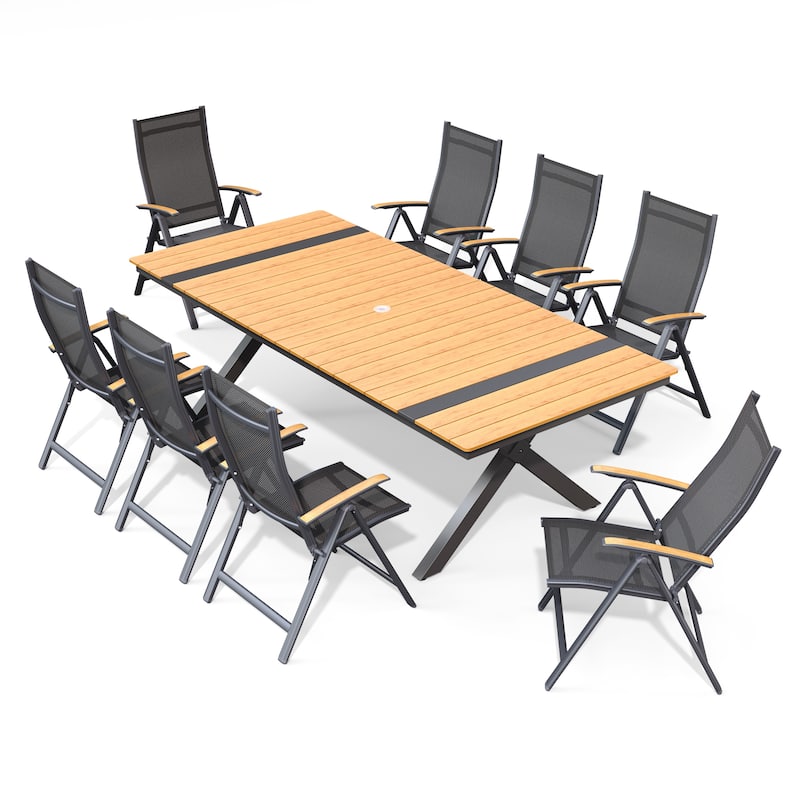 9/11PC Outdoor Patio Dining Set With Aluminum X-Frame Table Umbrella Hole Table Folding Chairs