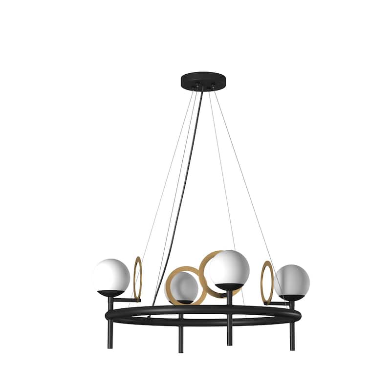 EVOLV Fusion Halo 4-Light Matte Black with Brass Ring Chandelier with Opal Glass
