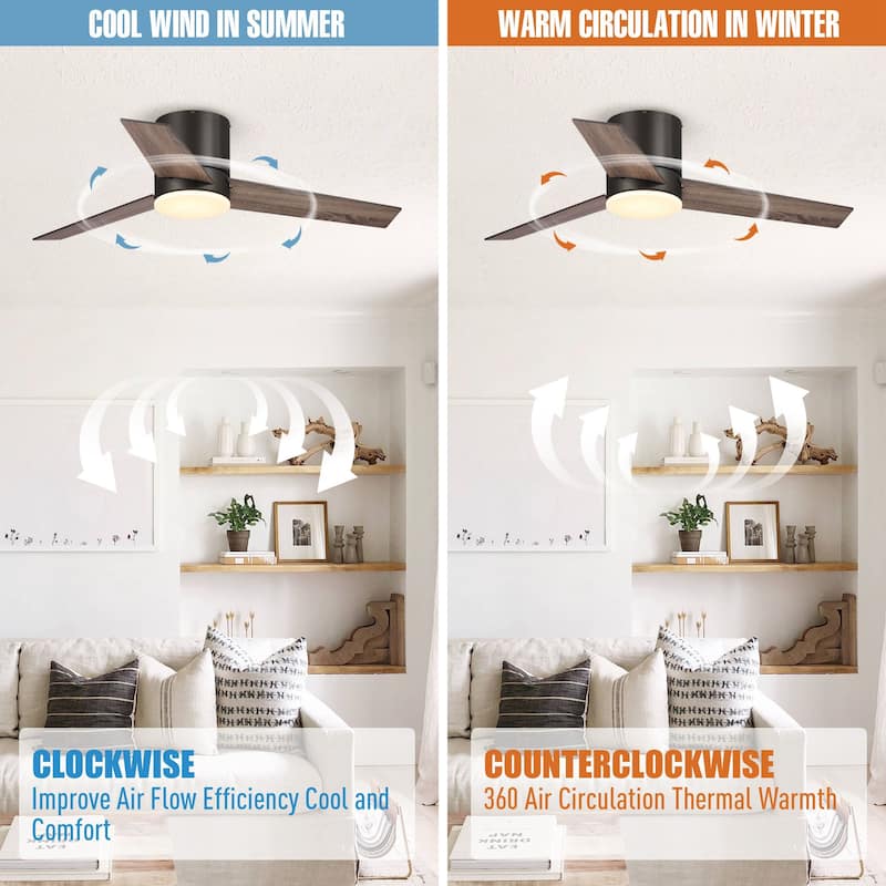 48 inch Modern 3-Blade Wooden Flush Mount Ceiling Fans with Light and Remote