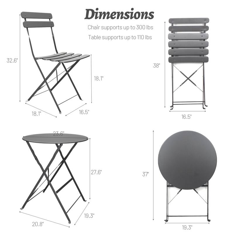 3 Piece Steel Patio Bistro Set, Outdoor Round Folding Table with 2 Slat Patio Folding Chairs