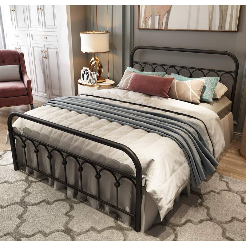 Metal Bed Frame Full Size with Vintage Headboard and Footboard Platform