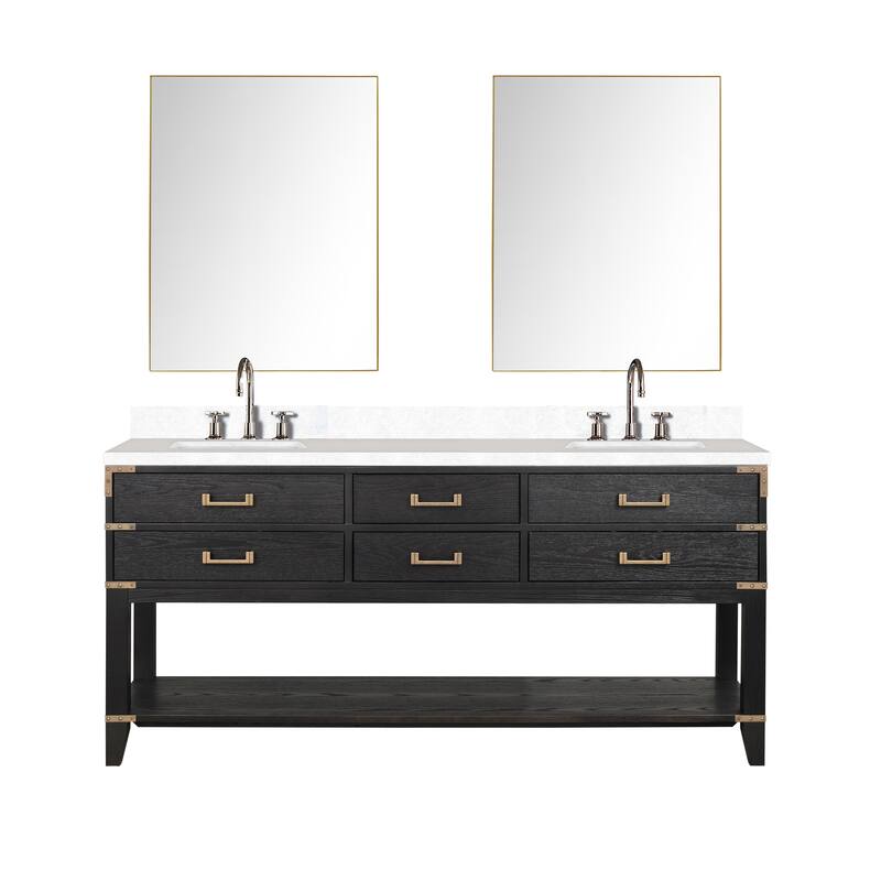 Norwalk 60 in W x 22 in D Black Oak Double Bath Vanity, Cultured Marble Top, Faucet Set, and 28 in Mirrors