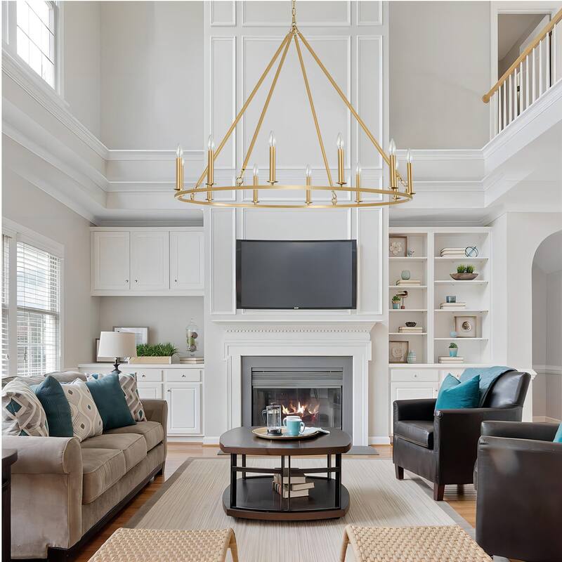 12-Light Modern Traditional Gold Pendant Light for Living Room Large Wagon Wheel Chandelier with Candle Accents