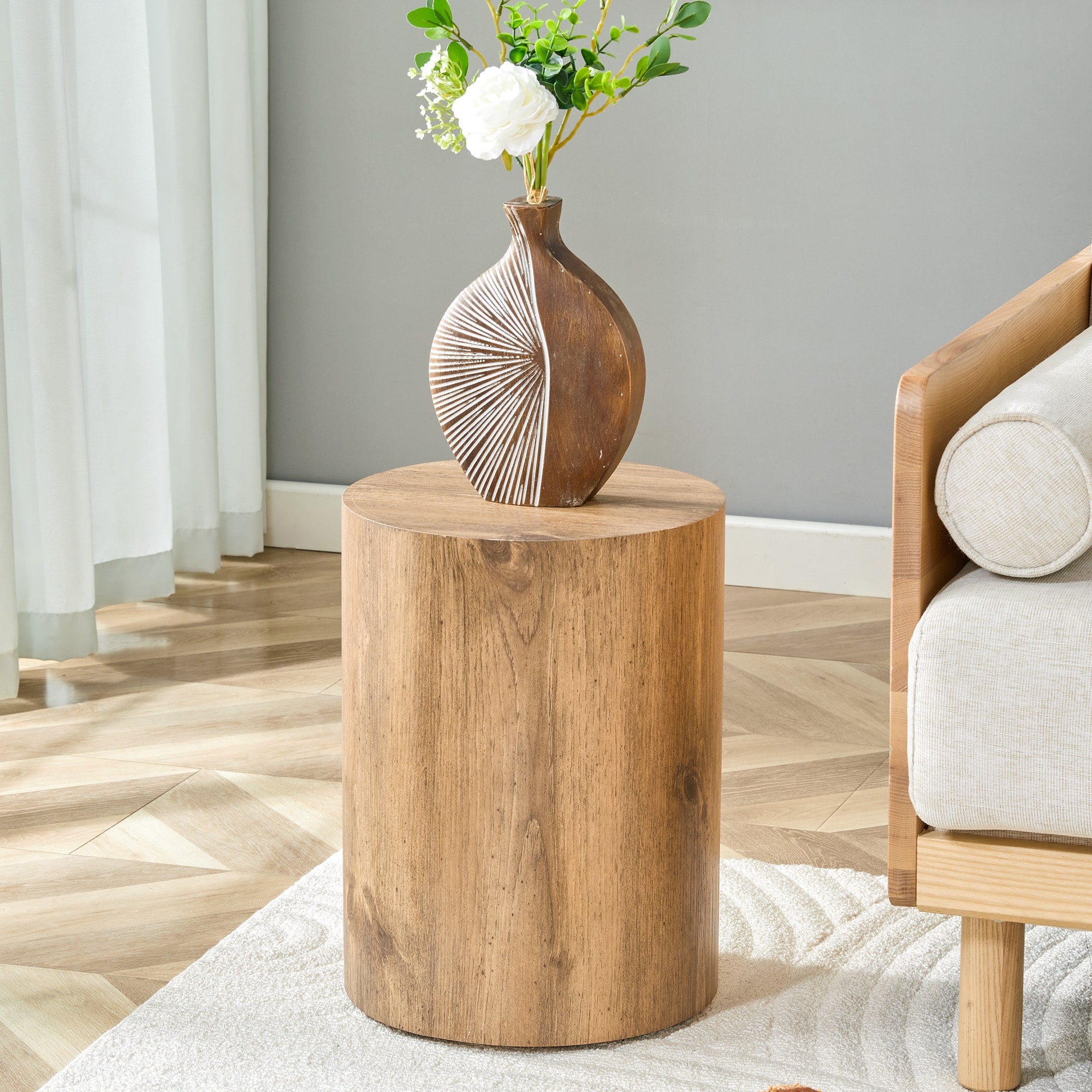 Simple wood grain cylindrical coffee table, 11.8-inch diameter x 15.7 inch height, MDF material living room furniture