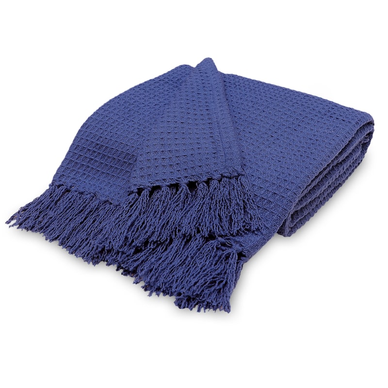Luxurious Soft Cozy All Season Light Weight Cotton Waffle Weave Throw Blanket with Fringes - 70x50 Inches