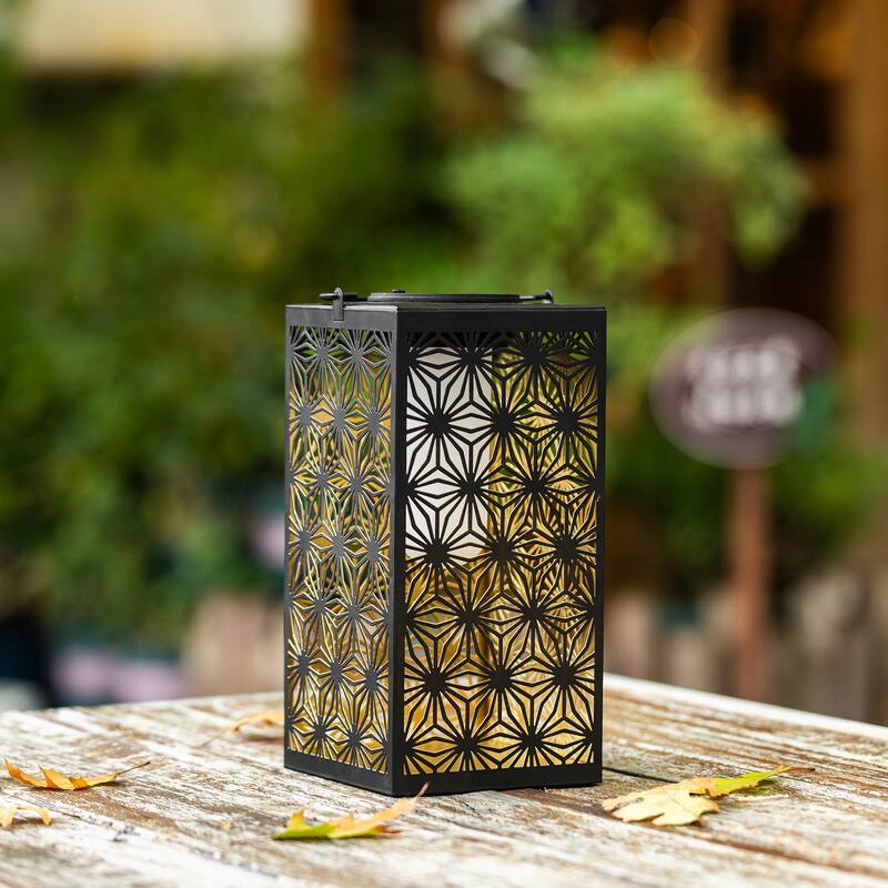 Glitzhome 11"H Black Metal Cutout or Square Textured Glass Pattern Solar Powered Hanging Lantern with LED Light