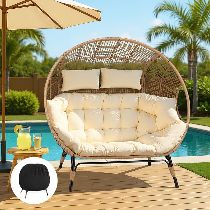 FINCATI Outdoor Loveseat Wicker Egg Chair, 57.1 in Wide, 680-lb Capacity - 2 PCS-Beige