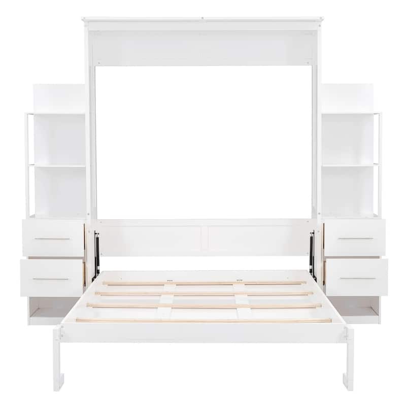 Merax Murphy Bed Wall Bed with Shelves, Drawers and LED Lights