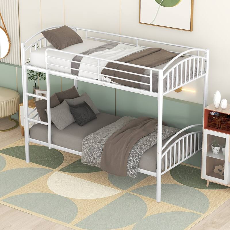 Convertible Twin Over Twin Metal Bunk Bed, White, Space-Saving Design