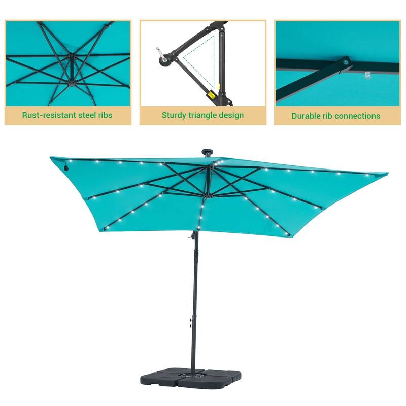 LIVOOSUN Solar Powered 8.2ft LED Patio Offset Umbrella With Base