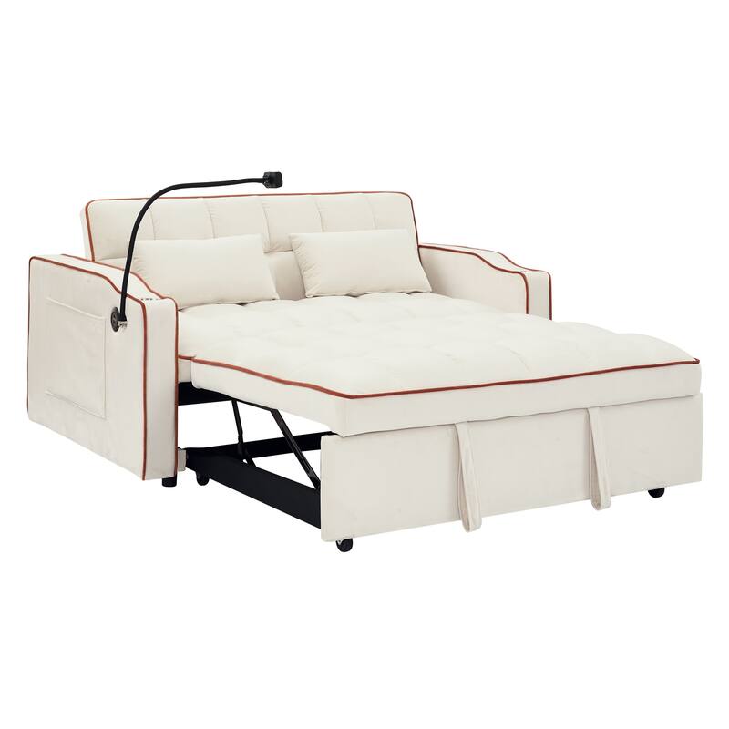 55.51 inch versatile foldable sofa bed, adjustable back, USB port, swivel phone stand (Beige)